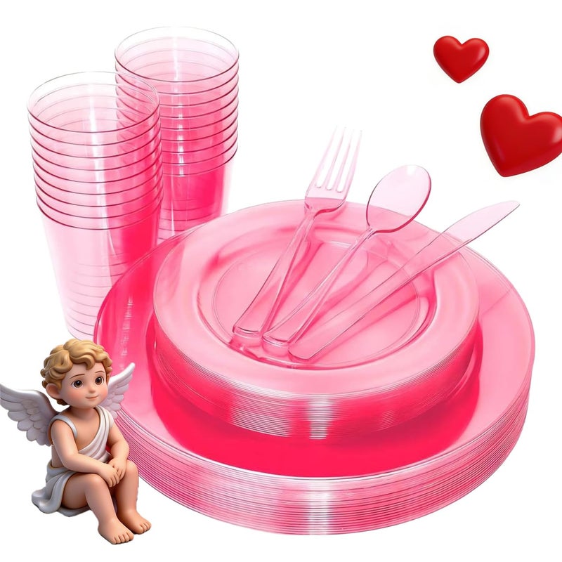 WDF 25 Guest Pink Plates with Pink Plastic Silverware&Pink Cups-Neon Clear Disposable Dinnerware include 50 Plates,25Forks, 25 Knives, 25 Spoons,25 Plastic Cups for Party and Baby Shower - Image 1